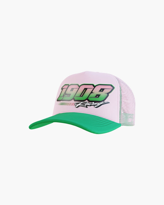 '1908 Racing' Foam Trucker Hat. (pink+green)