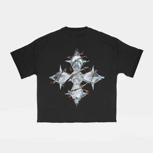 VV5 Pressure Diamond Cross Raw Crop Tee. (black)