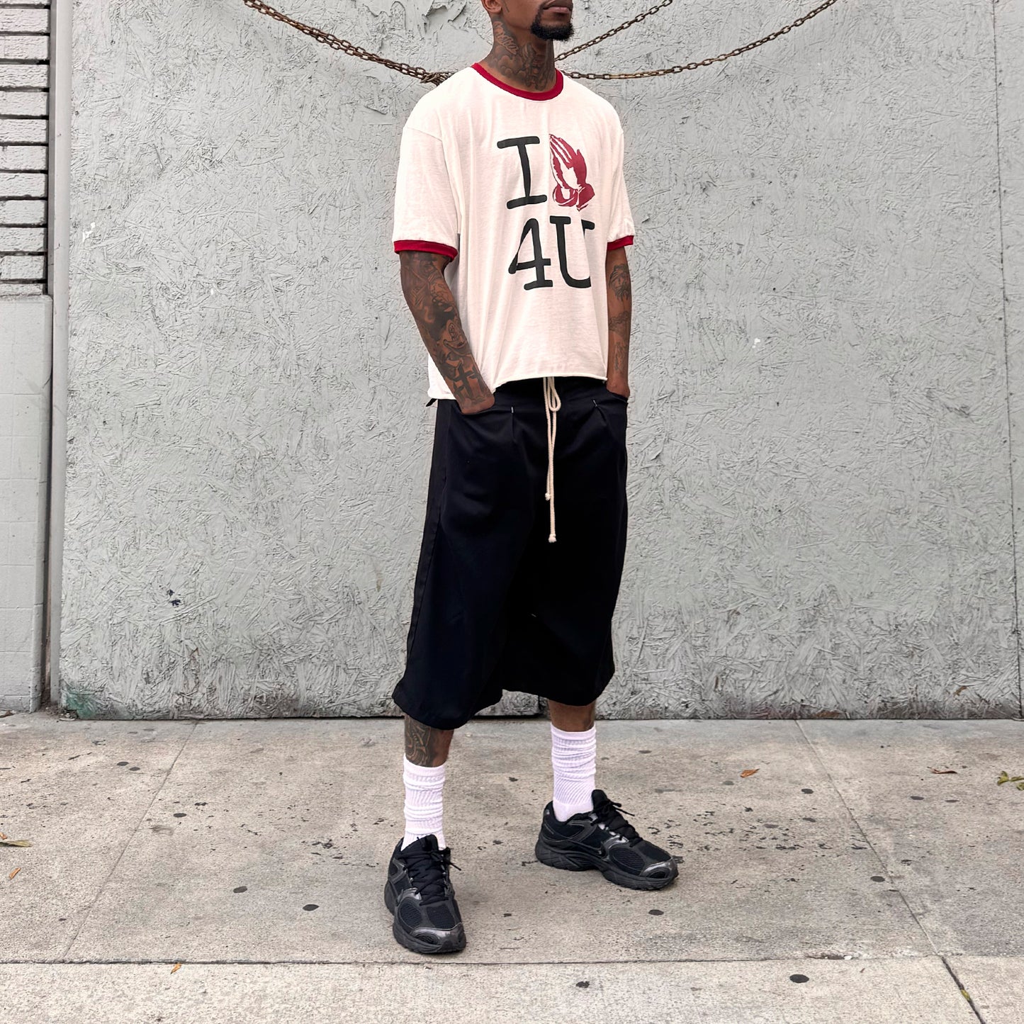 'I PRAY 4 U' Raw Cropped Ringer (White/Red)