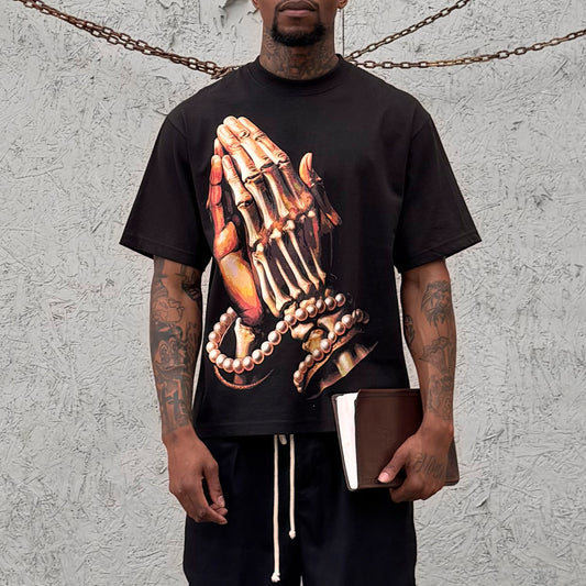 'Prayer in Pearls' Cropped Length Tee (Black)