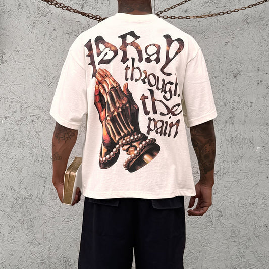 'Pray through the pain' Cropped Length Tee (cream)