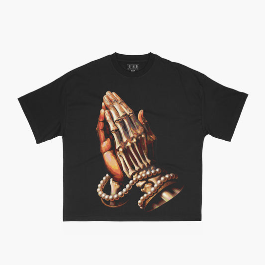 'Prayer in Pearls' Cropped Length Tee (Black)