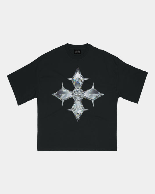 'Faith Diamond Cross' Drop Shoulder Tee. (black)